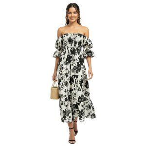 MISA Los Angeles Margarita Midi Dress Black White Floral Smocked Size M
